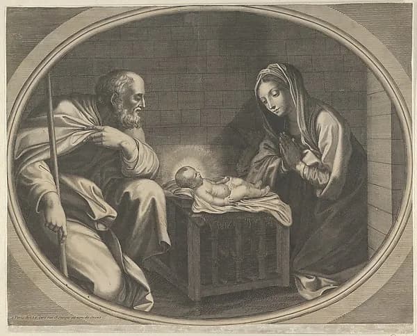 The Virgin kneeling in prayer before the infant Christ who is lying on a wooden box, Saint Joseph at left, a mule at right, in an oval frame, after Reni by Anonymous depicting Luke 1