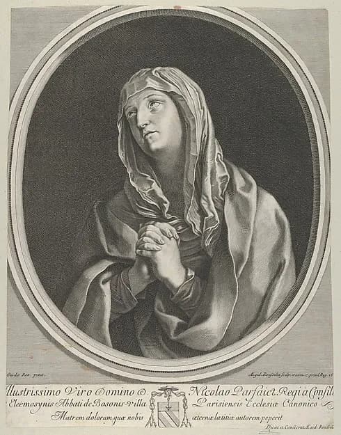The Virgin in prayer looking up to the left, in an oval frame, after Reni by Gilles Rousselet depicting Luke 1
