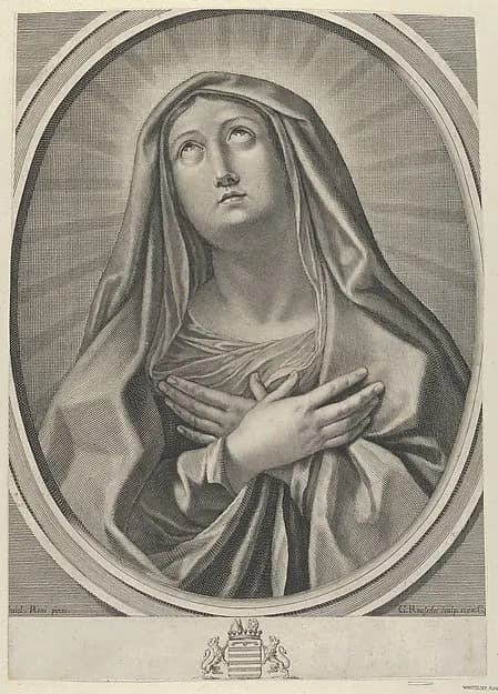 The Virgin with arms crossed over her chest, looking up to the left, in an oval frame, after Reni by Gilles Rousselet depicting Luke 1