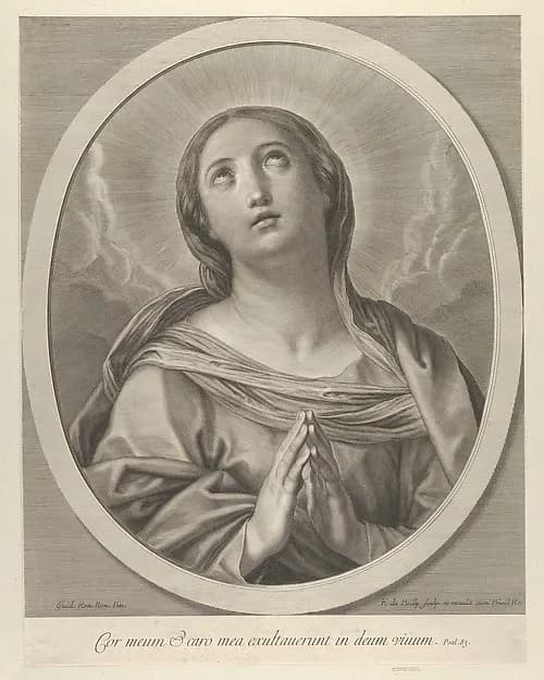 The Virgin in prayer, looking up with clouds behind her, in an oval frame, after Reni by Francois de Poilly depicting Luke 1