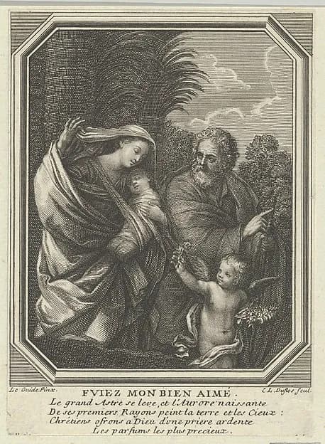 The Flight into Egypt; the holy family walking with the young John the Baptist, trees behind them, in an octagonal frame, after Reni by Claude Augustin Duflos le Jeune depicting Matthew 2