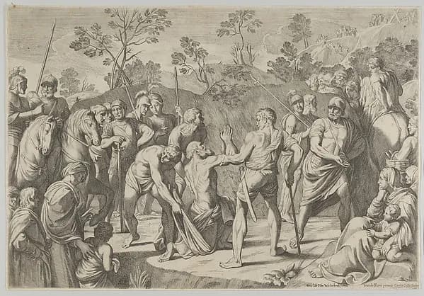 Saint Andrew kneeling in prayer as he is led to the cross, after Reni by Carlo Cesi depicting Matthew 4