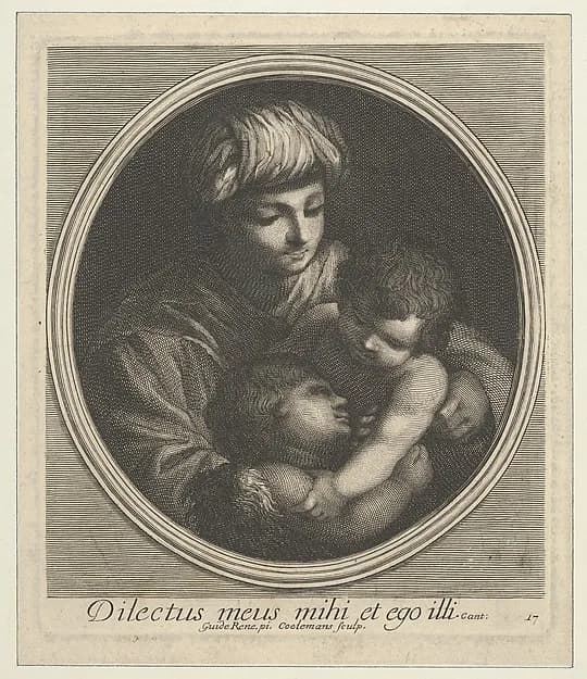 The Virgin with the infant Christ and the young Saint John the Baptist, in a circular frame, after Reni by Jacobus Coelemans depicting Matthew 3