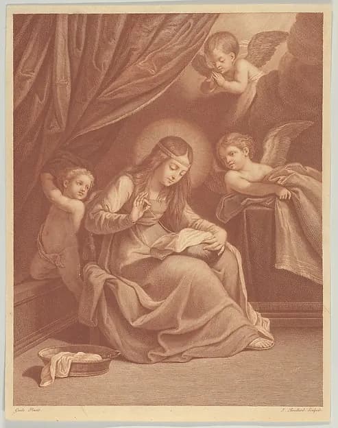 The Virgin sewing, two angels and a putto surrounding her, after Reni by Jacques Bouillard depicting Luke 1