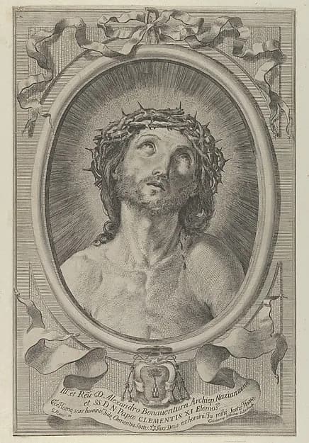 Head of Christ with crown of thorns, in an oval frame with a ribbon above and banderole below, after Reni by Cajetanus Urbinas depicting John 1