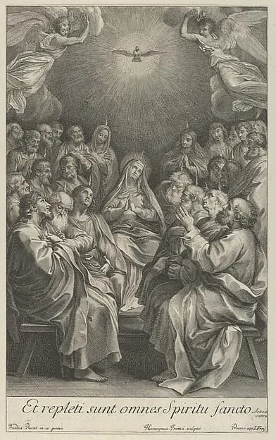 The Virgin with apostles looking up towards the Holy Dove and two angels, after Reni by Giovanni Girolamo Frezza depicting Acts 2