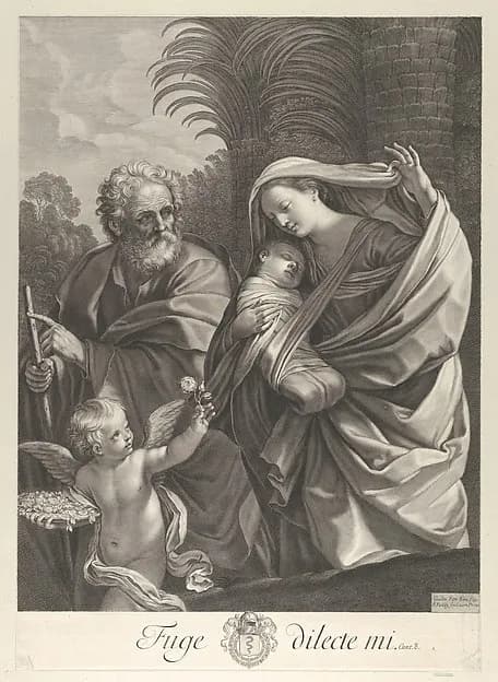 The Flight into Egypt; the Holy Family walking together, Saint Joseph pointing to the left and the Virgin carrying the infant Christ, an angel in front of her offering a flower, after Reni by Francois de Poilly depicting Matthew 2
