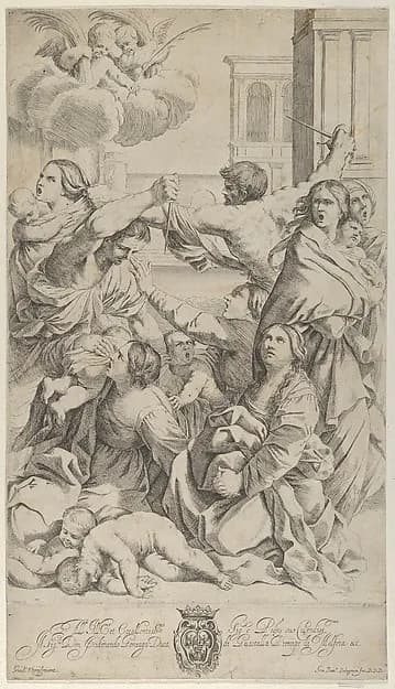 Massacre of the Innocents; group of women and children being attacked, two angels at upper left, after Reni by Gian Battista Bolognini depicting Matthew 2