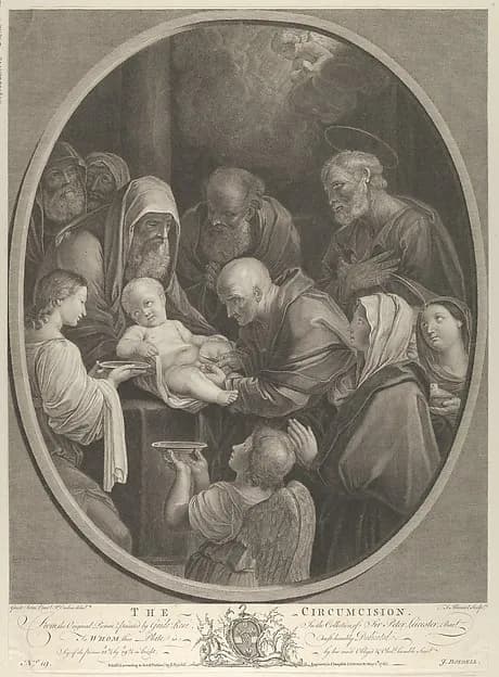 The Circumcision of Christ, a group of men and women surrounding him, an angel in the foreground, after Reni by François Germain Aliamet depicting Luke 2