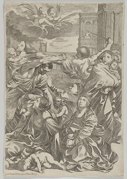 Massacre of the Innocents; group of women and children being attacked, two angels at upper left, after Reni by Anonymous depicting Matthew 2