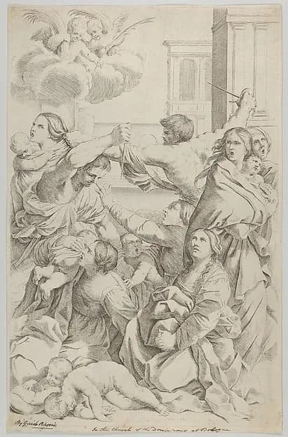 Massacre of the Innocents; group of women and children being attacked, two angels at upper left, after Reni by Gian Battista Bolognini depicting Matthew 2