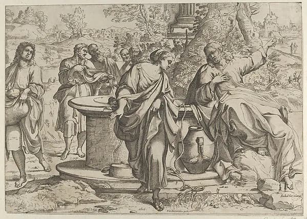 The Samaritan woman standing at the well, Christ seated next to her pointing to the right, after Annibale Caracci by Anonymous depicting John 4
