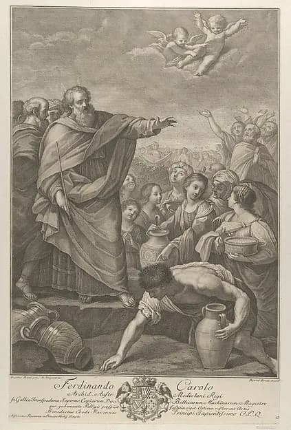 Moses at left with the Israelites who gather manna as it falls from the sky, two angels above, after Reni by Benedetto Eredi depicting Exodus 2