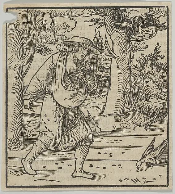 The Birds Eating the Seeds of the Sower, from Hymmelwagen auff dem, wer wol lebt... by Hans Schäufelein depicting Matthew 13