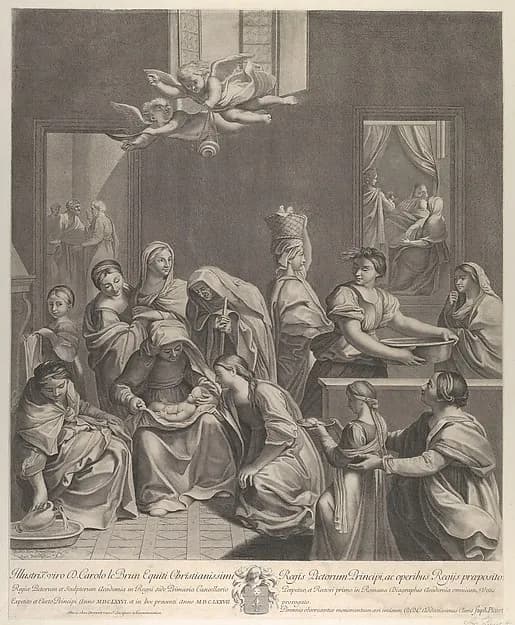 The birth of the Virgin; woman seated with an infant in her lap, numerous women surrounding her, angels above, after Reni by Etienne Picart depicting Luke 1