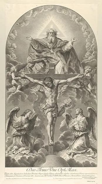 The Holy Trinity; Christ on the cross flanked by two angels, the Holy Spirit as a dove and God in heaven above the cross, a rectangular composition with half-circle at the top, after Reni by Sir Nicolas Dorigny depicting Matthew 27