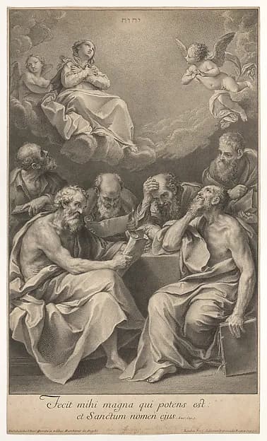 The doctors of the church consulting books and documents and contemplating the Virgin who is shown above in heaven, flanked by angels by Johann Jakob Frey the Elder depicting Luke 1