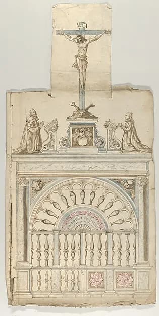 Design for a Choir Screen with Donor Statues flanking a Crucifix by Anonymous, Flemish depicting Matthew 27
