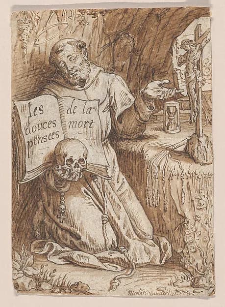 Saint Francis Kneeling in a Grotto, holding a Book and a Skull by Nicolaas van der Horst depicting Matthew 5