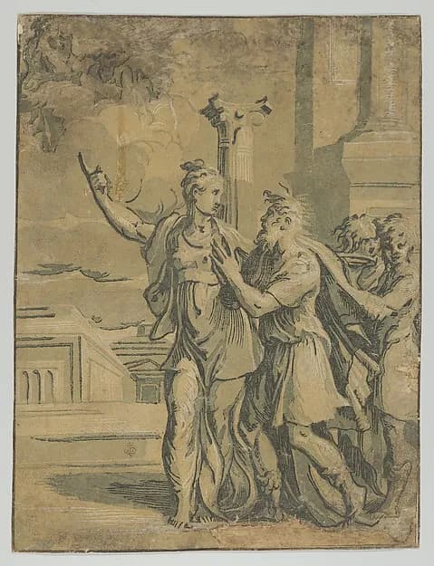 The Tirburtine Sibyl telling the Emperor Augustus of the coming in Christ, after Parmigianino by Anonymous, Italian, 16th century depicting John 1