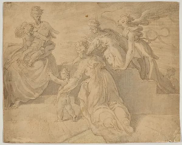 Madonna and Child with the Infant Saint John the Baptist, Three Women, and an Angel by Adriaan de Weerdt depicting Matthew 3