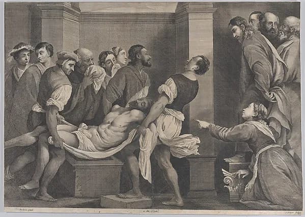 The raising of Lazarus, who is carried by three men at left, while his sister and Christ look on at right; from 'Theatrum Pictorium', after Pordenone by Jan van Troyen depicting John 11
