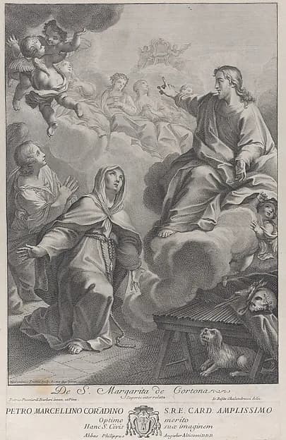 Saint Margarita of Cortona, kneeling before Christ, after Pietro Andrea Pucciardi Barberi by Giovanni Girolamo Frezza depicting John 1