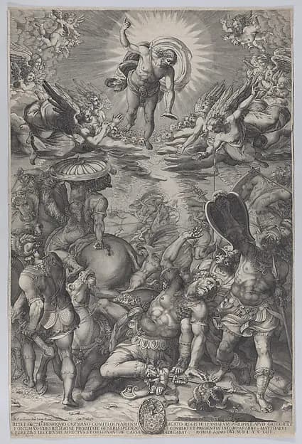 The conversion of Saul, who lies on the ground surrounded by horses and soldiers as Christ appears above him by Pieter Perret depicting 1 Samuel 15