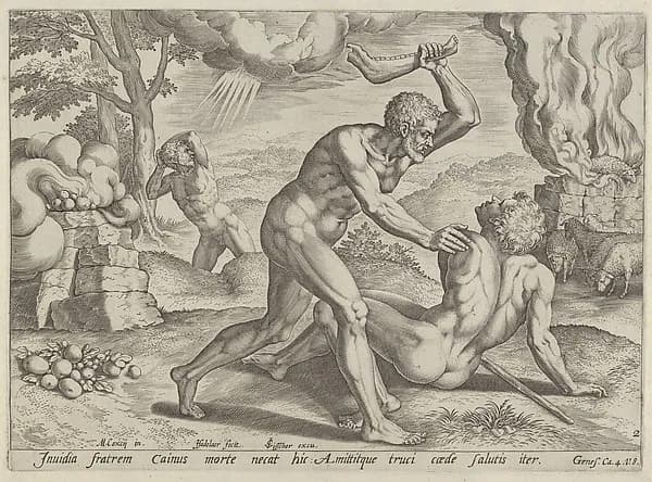 Cain murdering Abel, plate 2 from "The Story of Cain and Abel" by Johann Sadeler I depicting Genesis 4