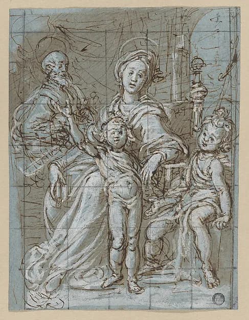 Holy Family with the Infant St. John the Baptist (recto); large-scale cropped sketches of draperies and legs (verso) by Gregorio Pagani depicting Matthew 3