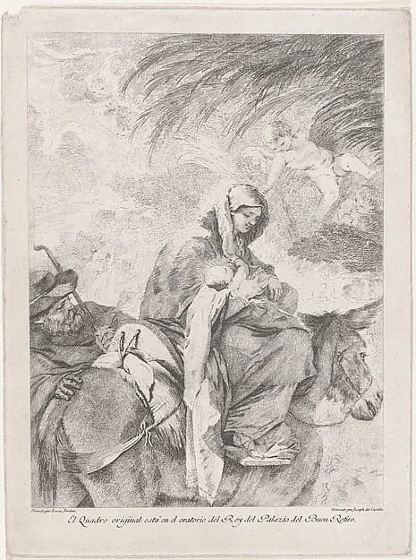 The flight into Egypt, the Virgin and Child on a donkey, Joseph to the left, after Luca Giordano by José del Castillo depicting Matthew 2