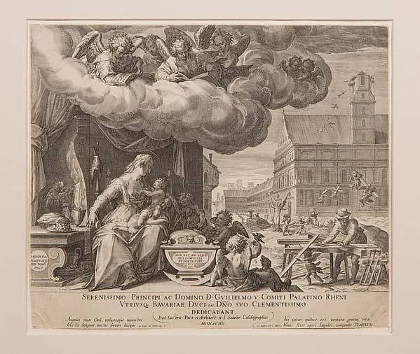 The Holy Family with the Church of Saint Michael in Munich under Construction by Johann Sadeler I depicting Revelation 12
