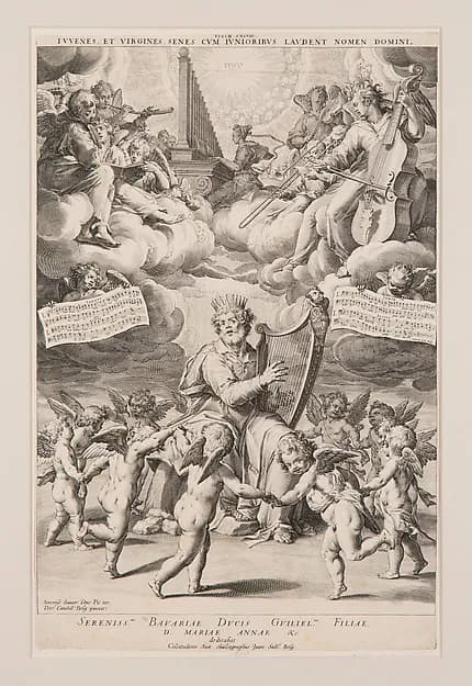 King David Playing the Harp with Angels Dancing and Playing Music by Johann Sadeler I depicting 1 Samuel 16