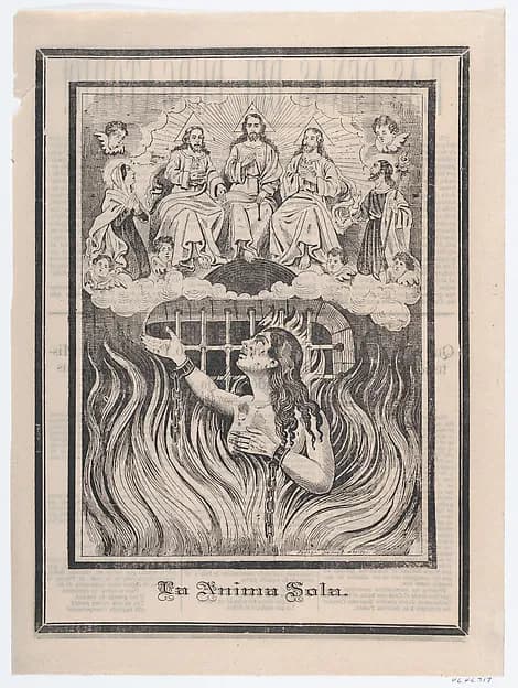 Broadsheet with image of a chained woman in purgatory and the Holy Trinity above by José Guadalupe Posada depicting Matthew 28