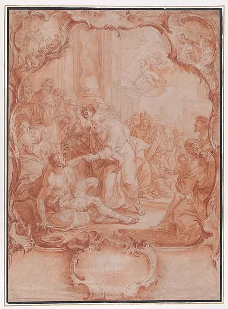 Scene with Saint Peter Healing the Lame in a Rocaille Cartouche by Johann Lorenz Haid depicting Matthew 9