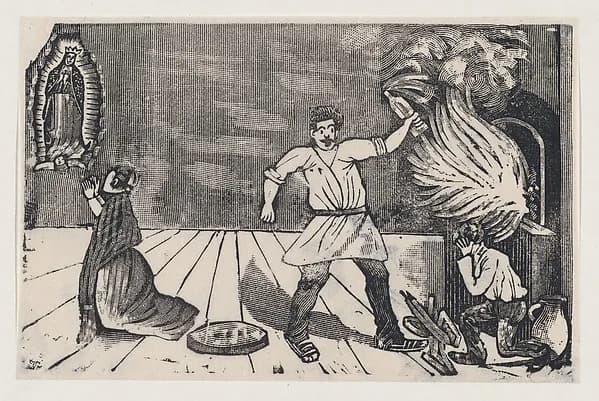 Woman praying to the Virgin of Guadalupe as her husband rages by José Guadalupe Posada depicting Luke 1