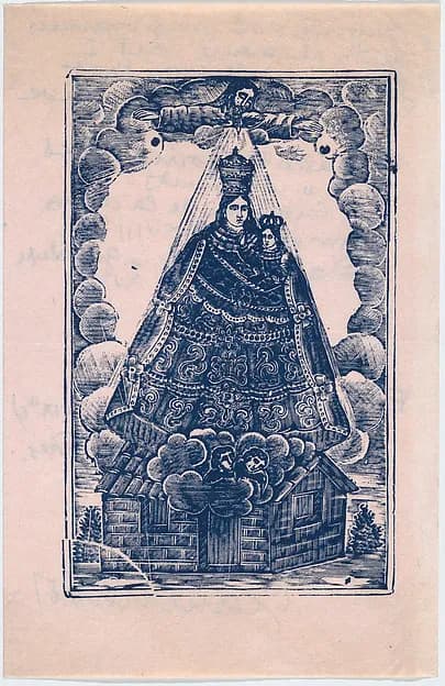 Christmas card from the Charlot's to a Met member of staff, bi-fold with Virgin and Child on front and personal annotations on back with a list of prints the recipient should receive (probably the Met) by Anonymous, Mexican depicting Luke 2