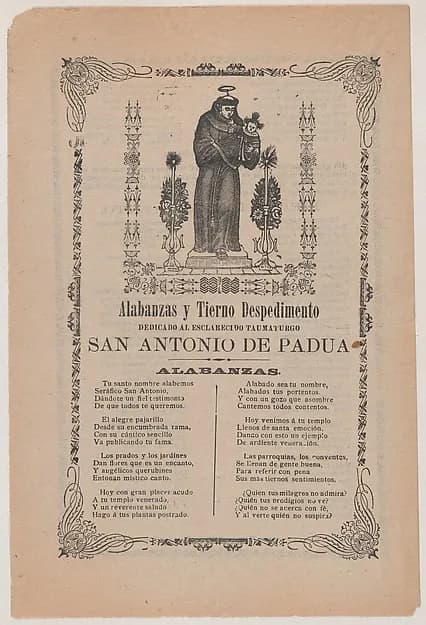 Broadsheet relating to Saint Anthony of Padua who is shown holding the Christ child flanked by a candelabra with flowers by José Guadalupe Posada depicting Luke 2