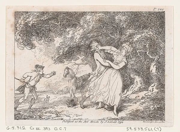 Joseph Hastens to Rescue Fanny from Imminent Danger, from "The Adventures of Joseph Andrews, and his friend Mr. Abraham Adams" by Thomas Rowlandson depicting Genesis 18