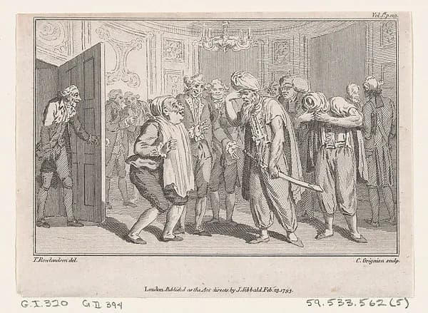 The Duke of N-'s Levée, an illustration from Tobias Smollett's "The Expedition of Humphry Clinker" (London, 1793), Vol. 1 by Charles Grignion, I depicting Tobit 6