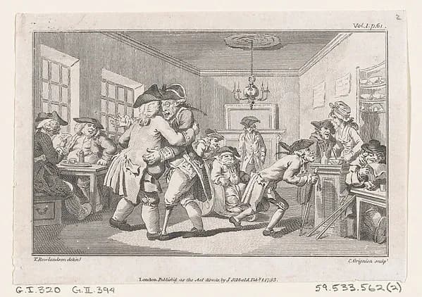 Men Dancing in a Coffee House, an illustration from Tobias Smollett's "The Expedition of Humphry Clinker" (London, 1793), Vol. 1 by Charles Grignion, I depicting Tobit 6