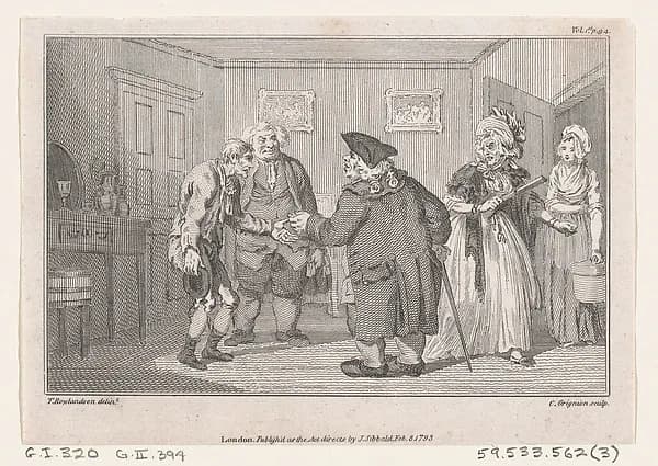 The First Meeting of Matthew Bramble and Humphry Clinker, an illustration from Tobias Smollett's "The Expedition of Humphry Clinker" (London, 1793), Vol. 1. 1793 by Charles Grignion, I depicting Tobit 6