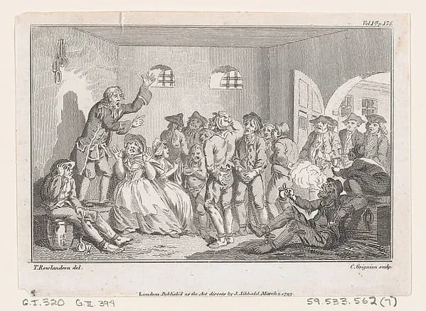 Clinker Preaching in Clerkenwell Prison, an illustration from Tobias Smollett's "The Expedition of Humphry Clinker" (London, 1793), Vol. 1 by Charles Grignion, I depicting Tobit 6