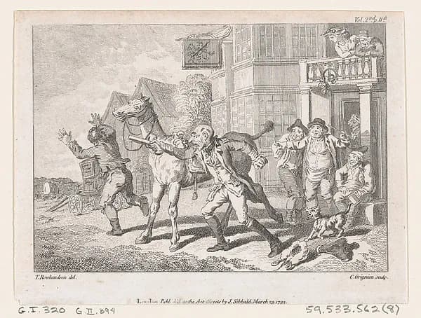 Lismahago Outside The Inn at Durham, an illustration from Tobias Smollett's "The Expedition of Humphry Clinker" (London, 1793), Vol. 1 by Charles Grignion, I depicting Tobit 6