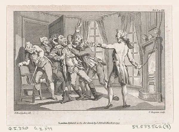 Lord Oxmington Repelling Lismahago's Challenge to Single Combat, an illustration from Tobias Smollett's "The Expedition of Humphry Clinker" (London, 1793), Vol. 1 by Charles Grignion, I depicting Tobit 6