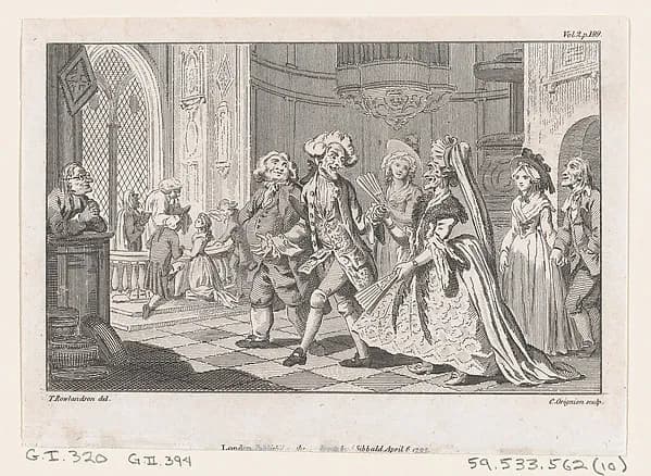 The Wedding of Lismahago and Tabitha, an illustration from Tobias Smollett's "The Expedition of Humphry Clinker" (London, 1793), Vol. 1. 1793 by Charles Grignion, I depicting Tobit 6
