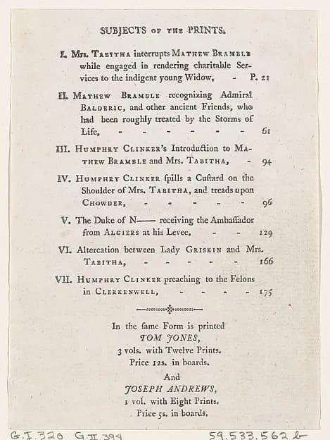 List of Plates I-VII, from Tobias Smollett's "The Expedition of Humphry Clinker" (London, 1793), Vol. 1 by Thomas Rowlandson depicting Tobit 6