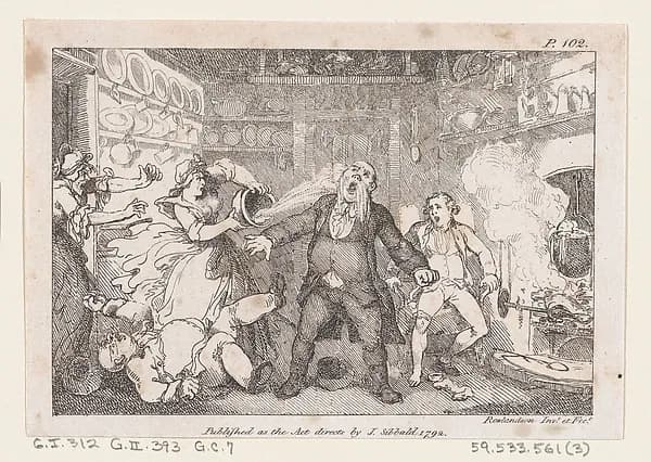 Hostess Discharges a Pan of Blood into the Face of Parson Andrews, from "The Adventures of Joseph Andrews, and his friend Mr. Abraham Adams" by Thomas Rowlandson depicting Genesis 18