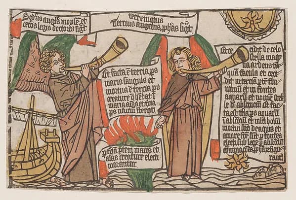 The Mountain and the Star Fall into the Sea, from the "Apocalypsis Sancti Johannis" block book, fourth edition by Anonymous, German, 15th century depicting Revelation 1