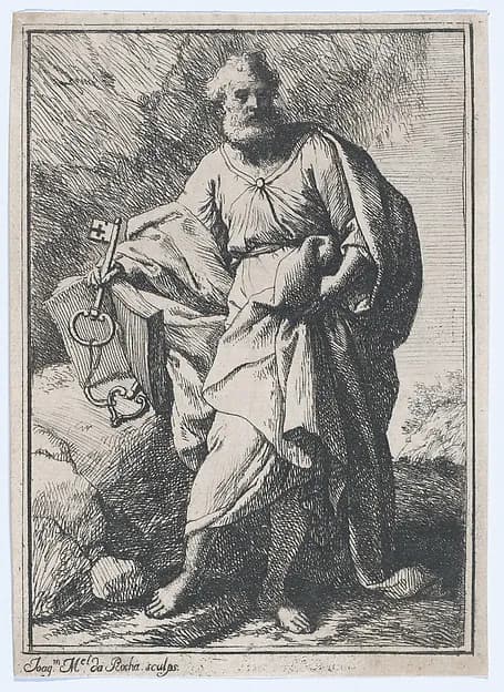 Saint Peter holding keys and an open book, facing left by Joachim Leonardo da Rocha depicting Matthew 4